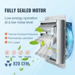 10'' shutter exhaust fan, high speed 820 cfm, aluminum wall mount attic fan with ac motor, ventilation and cooling for greenhouses, garages, sheds, shops, fcc
