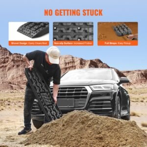 10 ton traction boards with pp material, recovery boards for off road vehicles/cars/pickups/suvs/rvs, pair tire traction mats on snow, sand, mud and loose terrain, storage bag, long, black