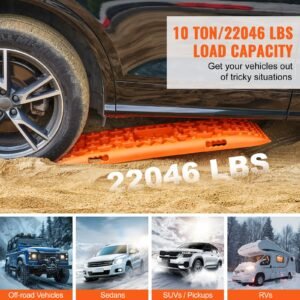 10 ton traction boards with pp material, recovery boards for off road vehicles/cars/pickups/suvs/rvs, pair tire traction mats on snow, sand, mud and loose terrain, storage bag, long, orange