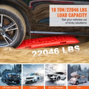 10 ton traction boards with pp material, recovery boards for off road vehicles/cars/pickups/suvs/rvs, pair tire traction mats on snow, sand, mud and loose terrain, storage bag, long, red