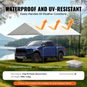 10 x 20 ft carport replacement canopy cover, garage top tent shelter tarp heavy duty waterproof & uv protected, easy installation with 40 ball bungeess (only top cover, frame not include), white