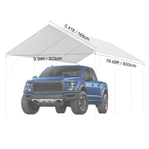 10 x 20 ft carport replacement canopy cover, garage top tent shelter tarp heavy duty waterproof & uv protected, easy installation with 40 ball bungeess (only top cover, frame not include), white
