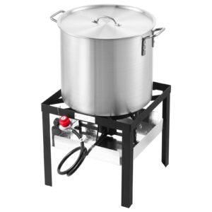 100 qt seafood boiling kit with strainer, outdoor seafood boil pot and basket, cooking set for crab crawfish lobster boiling, aluminum stockpot with 100,000 btus propane burner and steamer rack