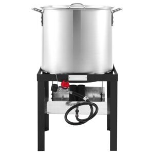 100 qt seafood boiling kit with strainer, outdoor seafood boil pot and basket, cooking set for crab crawfish lobster boiling, aluminum stockpot with 100,000 btus propane burner and steamer rack