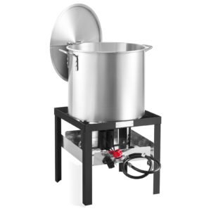 100 qt seafood boiling kit with strainer, outdoor seafood boil pot and basket, cooking set for crab crawfish lobster boiling, aluminum stockpot with 100,000 btus propane burner and steamer rack
