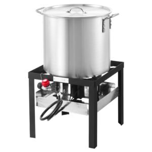 100 qt seafood boiling kit with strainer, outdoor seafood boil pot and basket, cooking set for crab crawfish lobster boiling, aluminum stockpot with 100,000 btus propane burner and steamer rack
