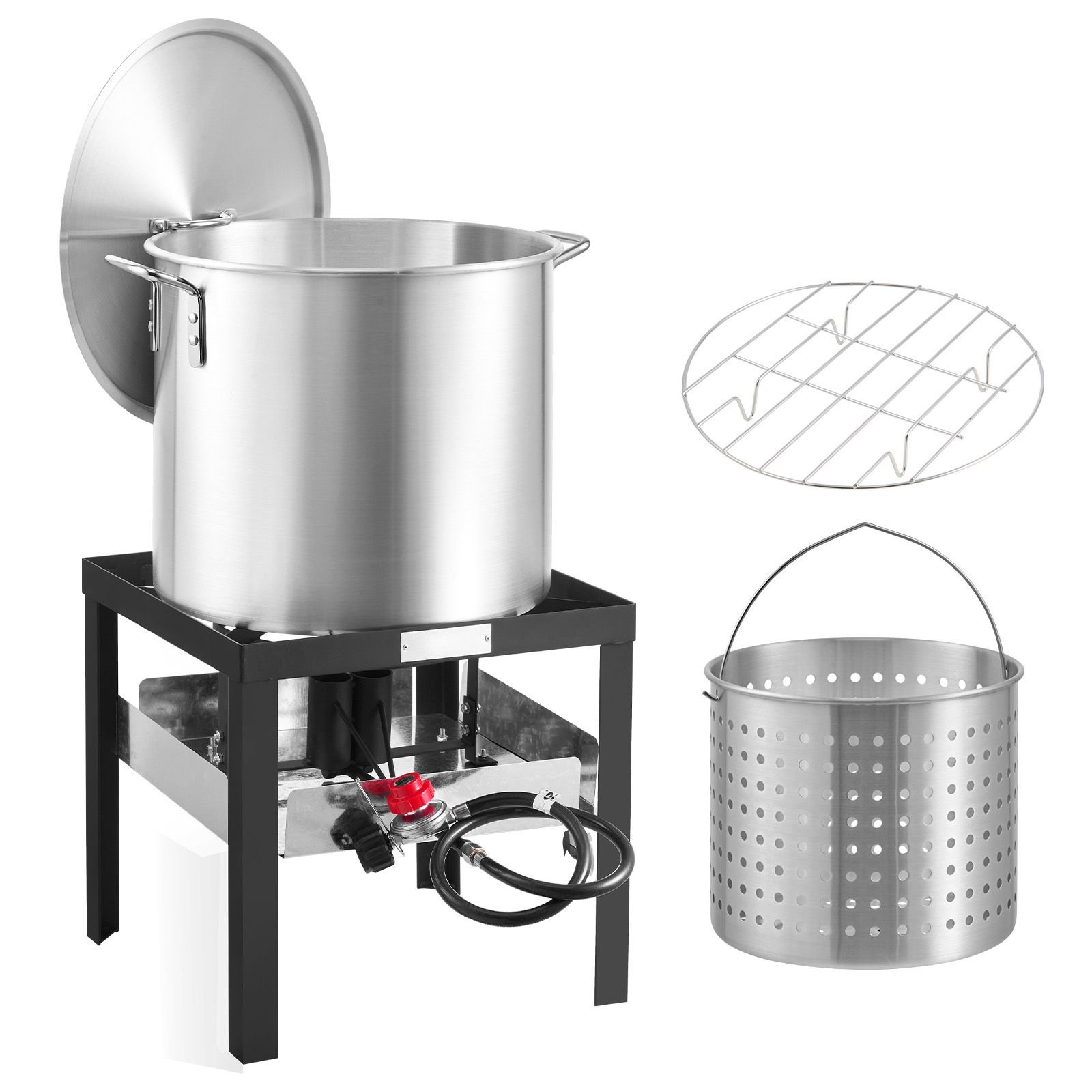 100 qt seafood boiling kit with strainer, outdoor seafood boil pot and basket, cooking set for crab crawfish lobster boiling, aluminum stockpot with 100,000 btus propane burner and steamer rack