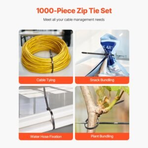 1000 pack cable zip ties, 8 inch heavy duty cable wire ties with 45lbs high tensile strength, multi purpose self locking nylon tie wraps, heat & cold resistant for indoor and outdoor use