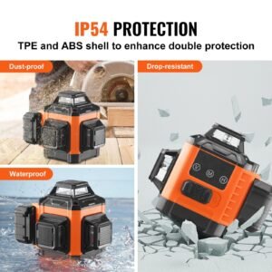 100ft self leveling laser level, manual green 3 x 360° cross line laser, manual self leveling mode & ip54 waterproof 8h continuous working time line laser, battery/stand included