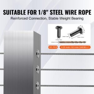 101 pack t316 stainless steel protector sleeves for 1/8" wire rope cable railing, diy balustrade t316 marine grade, come with a free drill bit, black