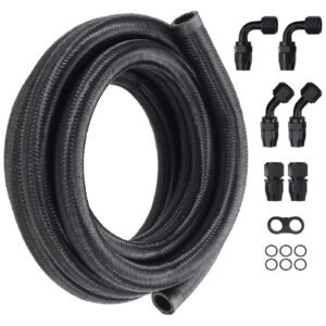 10AN Fuel Line Kit, 10 FT Fuel Hose Kit, 0.55" Nylon Stainless Steel Braided Fuel Line Oil/Gas/Diesel Hose End Fitting Kit, with 7 PCS Swivel Fitting Adapter Kit, Black