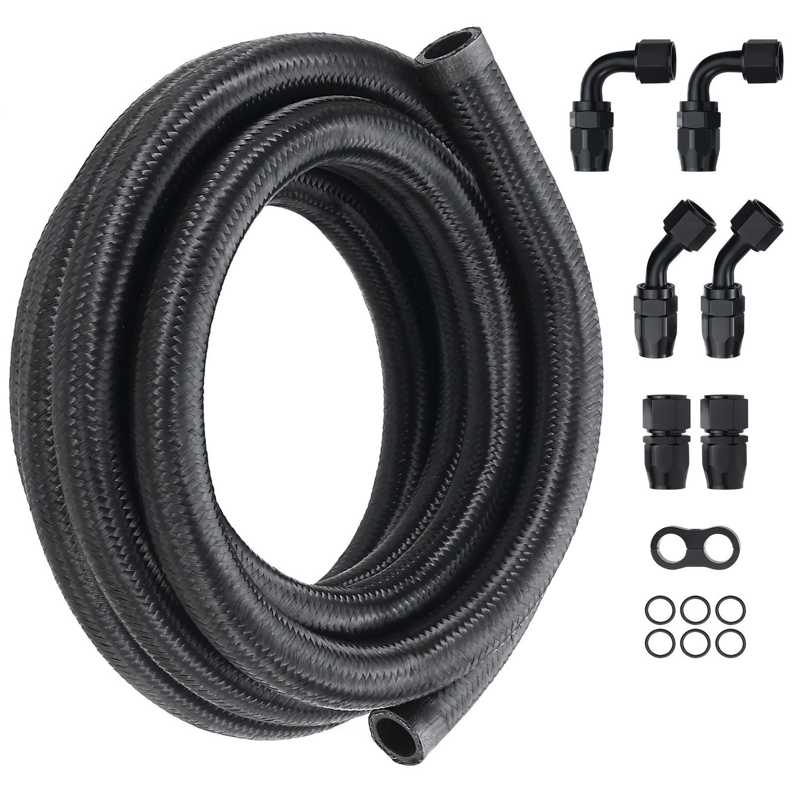 10an fuel line kit, 10 ft fuel hose kit, 0.55" nylon stainless steel braided fuel line oil/gas/diesel hose end fitting kit, with 7 pcs swivel fitting adapter kit, black