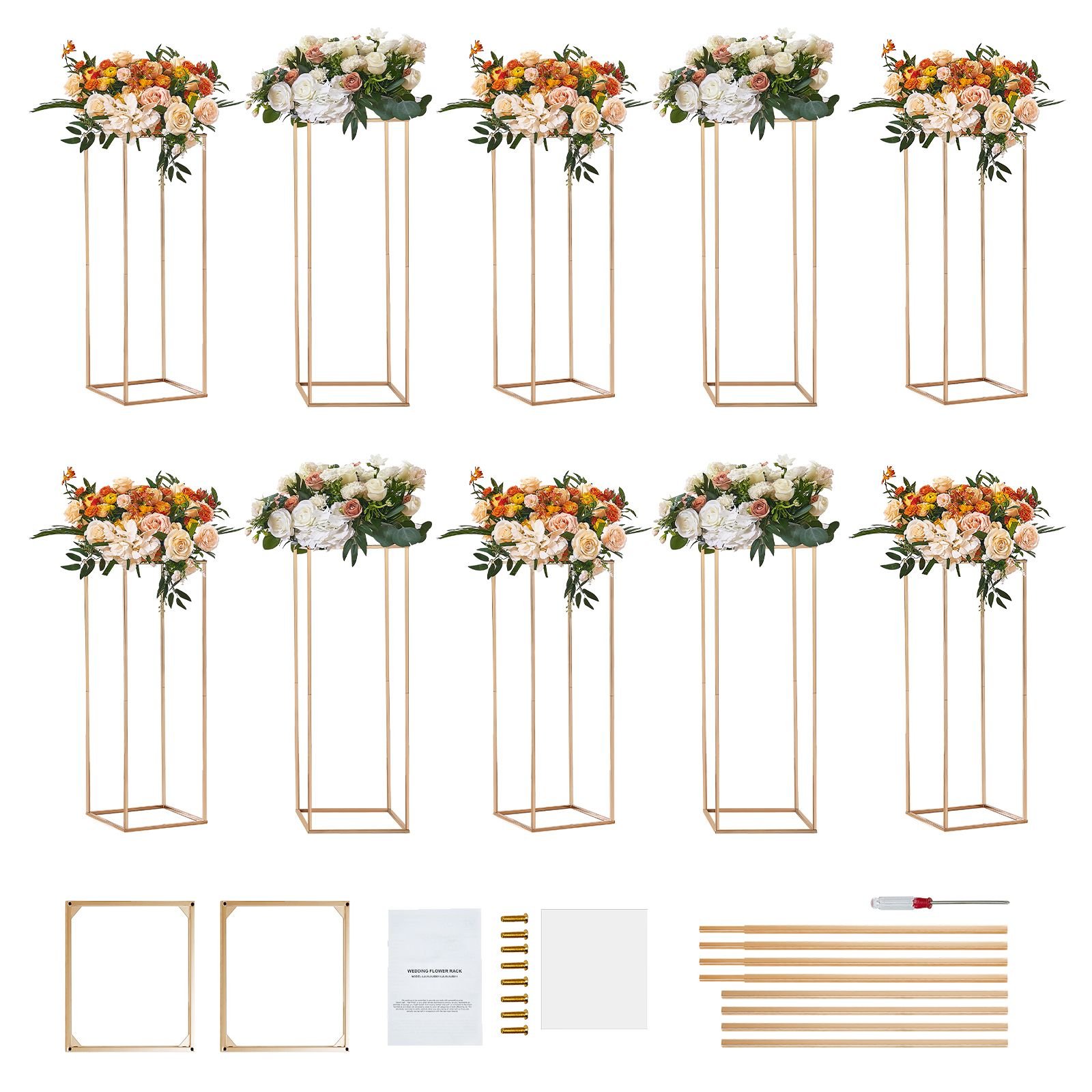 10pcs 31.5inch high wedding flower stand, with acrylic laminate,metal vase column geometric centerpiece stands, gold rectangular floral display rack for events reception, party decoration