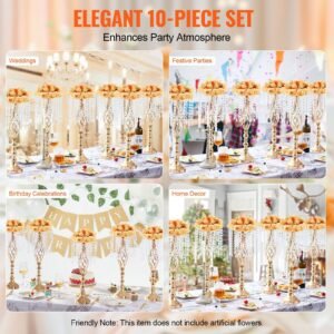 10pcs 55cm/21.65' tall crystal wedding flower stand, metal wedding centerpiece vase, gold flower holders floral display rack for tables wedding dinner party, ceremony birthday event decor