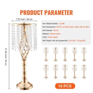 10pcs 55cm/21.65' tall crystal wedding flower stand, metal wedding centerpiece vase, gold flower holders floral display rack for tables wedding dinner party, ceremony birthday event decor