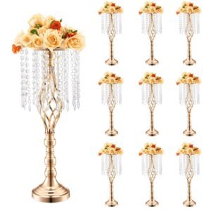 10pcs 55cm/21.65' tall crystal wedding flower stand, metal wedding centerpiece vase, gold flower holders floral display rack for tables wedding dinner party, ceremony birthday event decor