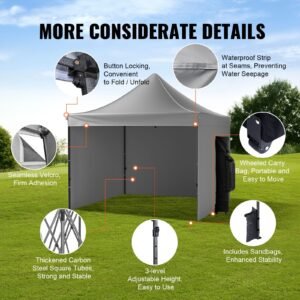 10x10 ft pop up canopy with removable sidewalls, instant canopies portable gazebo & wheeled bag, uv resistant waterproof, enclosed canopy tent for outdoor events, patio, backyard, party, camping