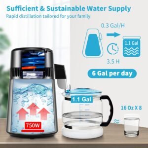 1.1 gal water distiller, 0.3 gal/h, 750w distilled water maker machine 0 99h timing set temp display, 304 stainless steel countertop distiller glass carafe cleaning powder 3 carbon packs, silver