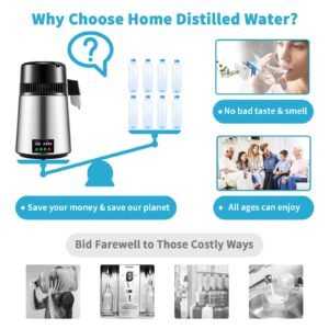 1.1 gal water distiller, 0.3 gal/h, 750w distilled water maker machine 0 99h timing set temp display, 304 stainless steel countertop distiller glass carafe cleaning powder 3 carbon packs, silver