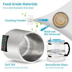 1.1 gal water distiller, 0.3 gal/h, 750w distilled water maker machine 0 99h timing set temp display, 304 stainless steel countertop distiller glass carafe cleaning powder 3 carbon packs, silver