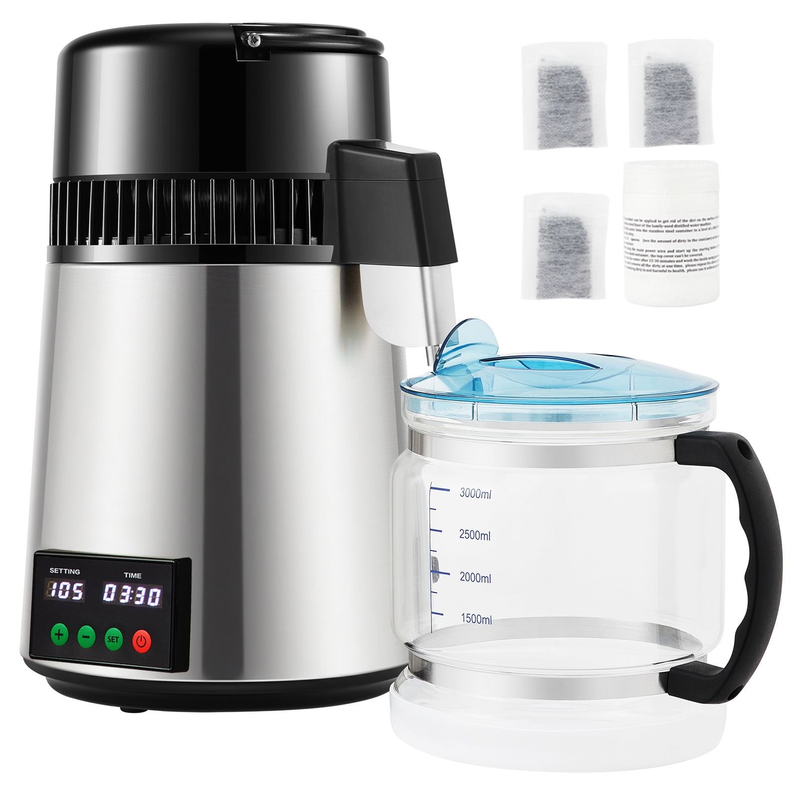 1.1 gal water distiller, 0.3 gal/h, 750w distilled water maker machine 0 99h timing set temp display, 304 stainless steel countertop distiller glass carafe cleaning powder 3 carbon packs, silver