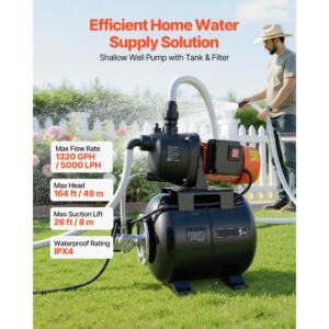 1.1 hp shallow well pump with pressure tank, 120v 1320 gph, plastic irrigation jet pump with 5 gal tank, automatic water booster transfer system, 20/40 psi pressure switch, for home garden lawn
