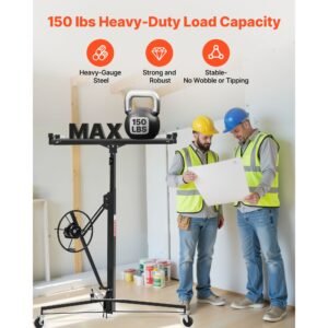 11ft drywall lift, heavy duty 150 lbs sheetrock hoist with adjustable telescoping arm, lockable wheels, drywall lifter panel jack hoist tools ideal for ceiling & wall installation (black)