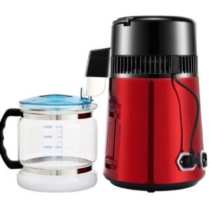 1.1Gal Water Distiller, 0.3Gal/H, 750W Distilled Water Maker Machine 0-99H Timing Dual Temp Display, 304 Stainless Steel Countertop Distiller Glass Carafe Cleaning Powder 3 Carbon Packs, Red