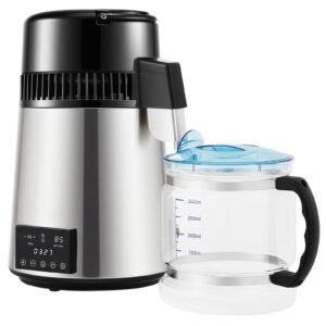 1.1gal water distiller, 0.3gal/h, 750w distilled water maker machine 0 99h timing dual temp display, 304 stainless steel countertop distiller glass carafe cleaning powder 3 carbon packs, silver