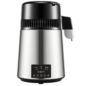 1.1gal water distiller, 0.3gal/h, 750w distilled water maker machine 0 99h timing dual temp display, 304 stainless steel countertop distiller glass carafe cleaning powder 3 carbon packs, silver