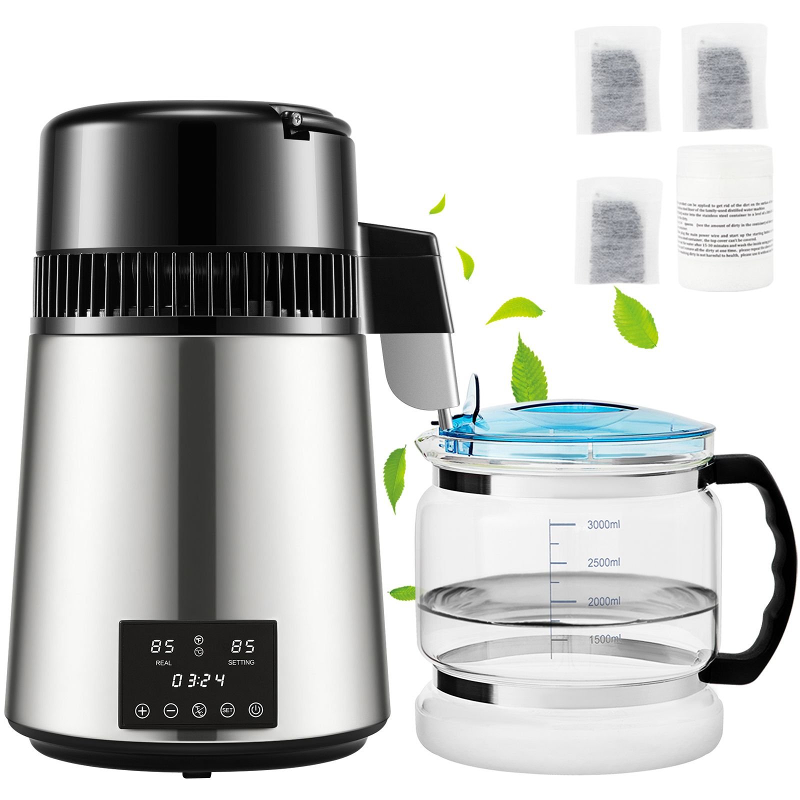 1.1gal water distiller, 0.3gal/h, 750w distilled water maker machine 0 99h timing dual temp display, 304 stainless steel countertop distiller glass carafe cleaning powder 3 carbon packs, silver