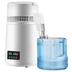 1.1gal water distiller, 0.3gal/h, 750w distilled water maker machine 0 99h timing set temp display, 304 stainless steel countertop distiller plastic carafe cleaning powder 3 carbon packs, white