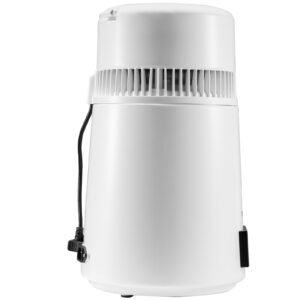 1.1gal water distiller, 0.3gal/h, 750w distilled water maker machine 0 99h timing set temp display, 304 stainless steel countertop distiller plastic carafe cleaning powder 3 carbon packs, white