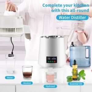 1.1gal water distiller, 0.3gal/h, 750w distilled water maker machine 0 99h timing set temp display, 304 stainless steel countertop distiller plastic carafe cleaning powder 3 carbon packs, white