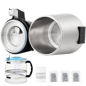 1.1Gal Water Distiller, 0.4Gal/H, Distilled Water Maker Machine 1750W 0-99H Timing Dual Temp Display, 304 Stainless Steel Countertop Distiller Glass Carafe Cleaning Powder 3 Carbon Packs, Silver