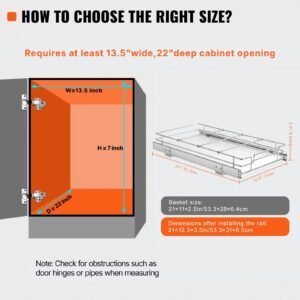 11"wx21"dx2.5"h pull out cabinet organizer, heavy duty slide out pantry shelves, steel roll out drawers, sliding drawer storage for home under sink, 13.5"wx22"dx7"h install size for cabinet