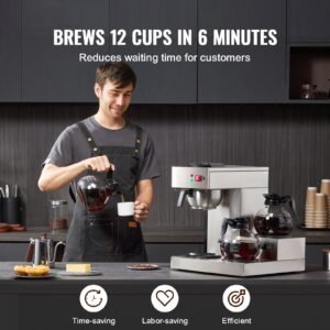 12 cups commercial drip coffee maker, coffee maker machine with 3 glass carafes and 3 warmer plates, stainless steel pour over coffee brewer with auto water intake, for restaurant office cafe
