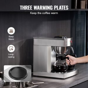 12 cups commercial drip coffee maker, coffee maker machine with 3 glass carafes and 3 warmer plates, stainless steel pour over coffee brewer with auto water intake, for restaurant office cafe