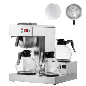 12 Cups Commercial Drip Coffee Maker, Coffee Maker Machine with 3 Glass Carafes and 3 Warmer Plates, Stainless Steel Pour Over Coffee Brewer with Auto Water Intake, for Restaurant Office Cafe