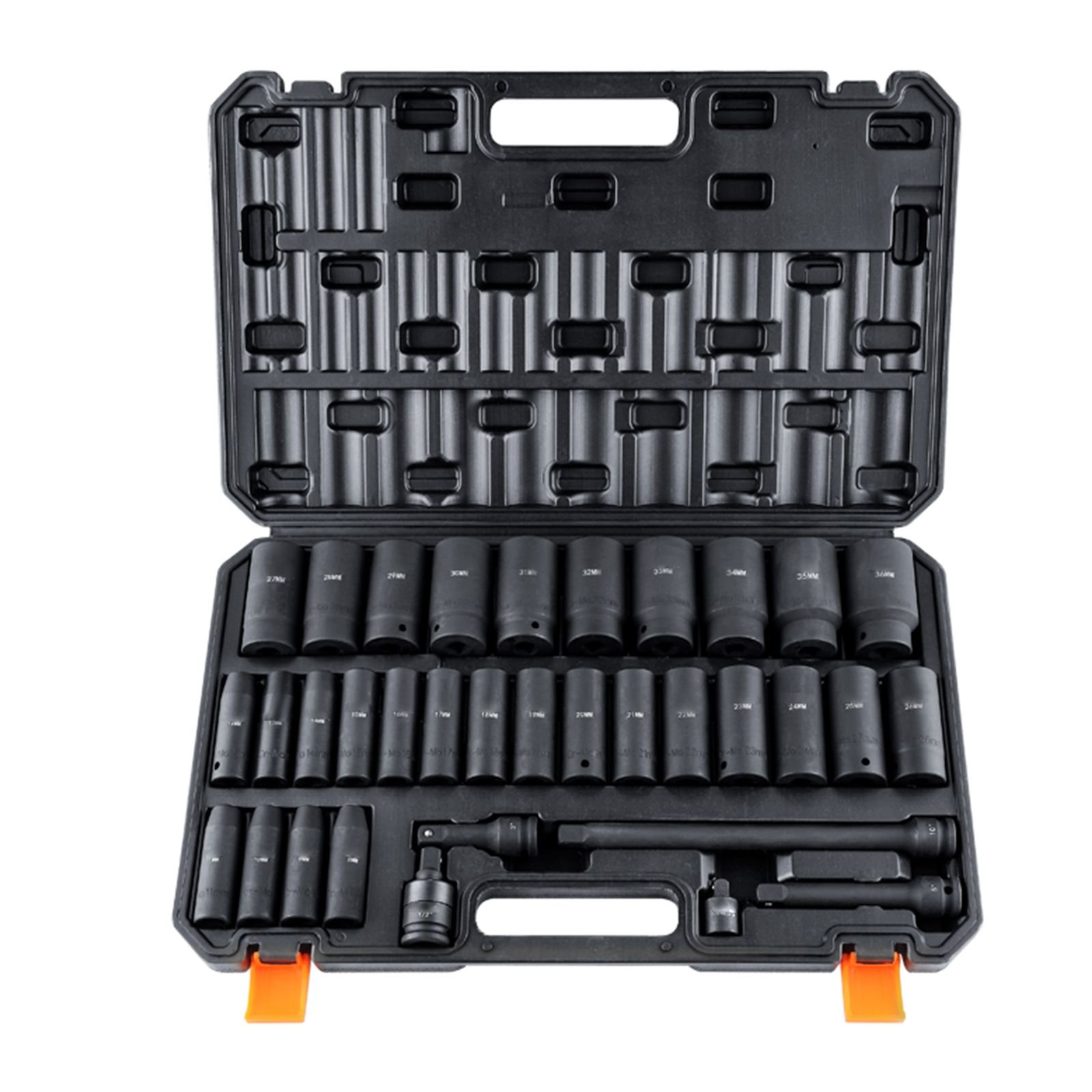1/2" drive deep impact socket set, 34pcs socket set metric (8 36mm) 6 point cr mo alloy steel for auto repair, rugged construction, includes heavy duty storage case