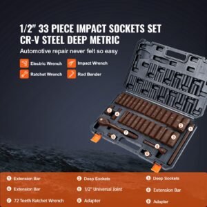 1/2" drive impact socket set, 33 piece socket set sae 3/8" 1" and metric 10 24mm, 6 point cr v alloy steel for auto repair, easy to read size markings, rugged construction, includes storage case