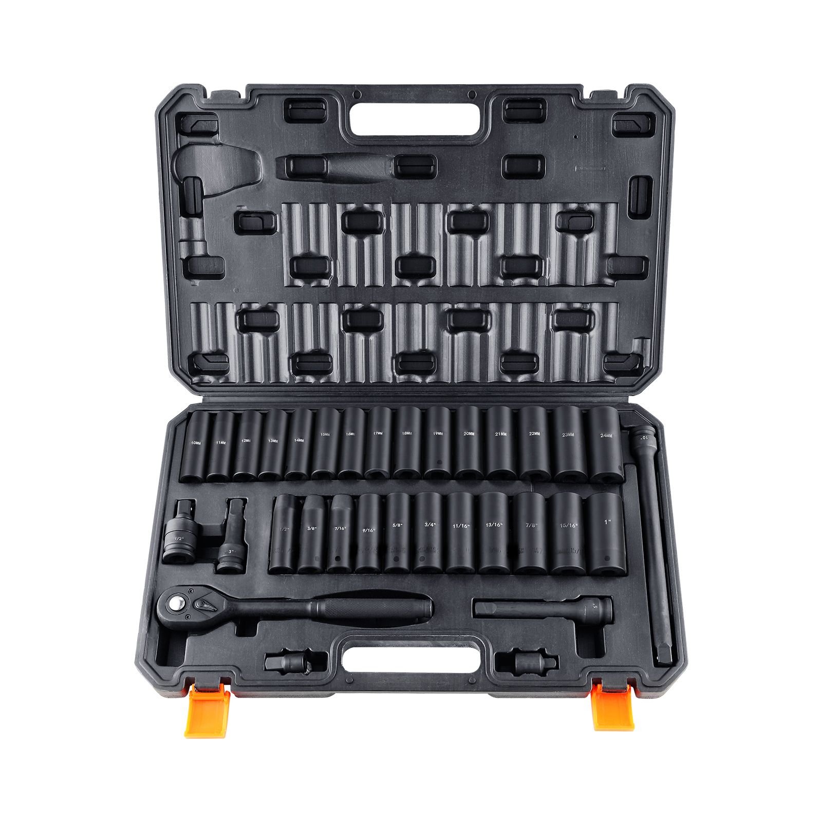 1/2" drive impact socket set, 33 piece socket set sae 3/8" 1" and metric 10 24mm, 6 point cr v alloy steel for auto repair, easy to read size markings, rugged construction, includes storage case