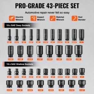 1/2" drive impact socket set, 43 piece deep & shallow socket set sae 3/8" to 1 1/2", 6 point cr mo alloy steel for auto repair, easy to read size markings, rugged construction, storage case