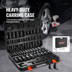 1/2" drive impact socket set, 43 piece deep & shallow socket set sae 3/8" to 1 1/2", 6 point cr mo alloy steel for auto repair, easy to read size markings, rugged construction, storage case