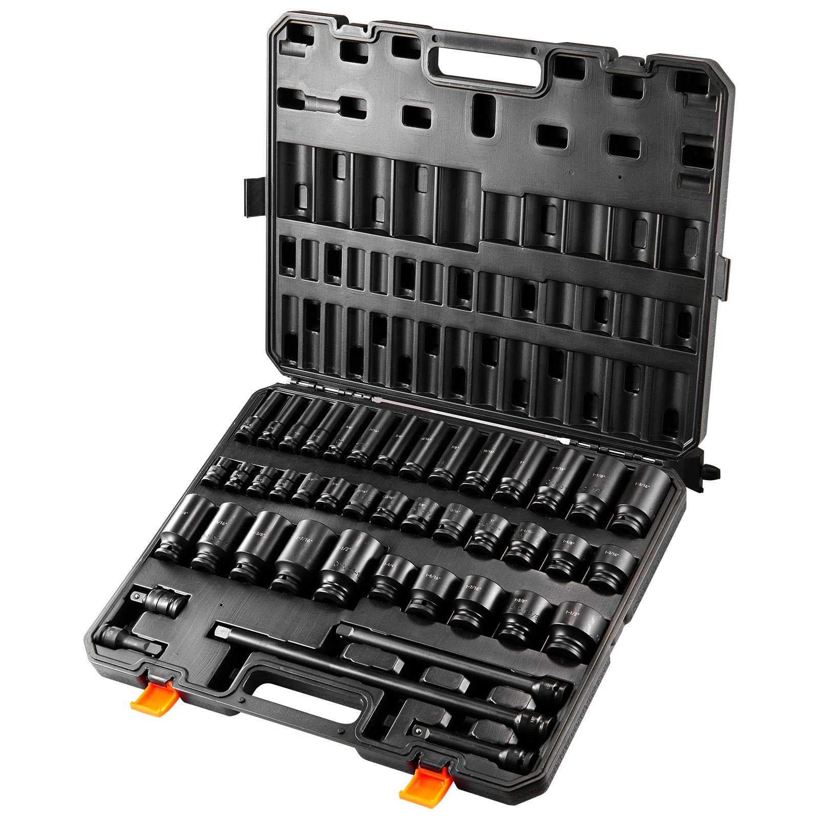 1/2" drive impact socket set, 43 piece deep & shallow socket set sae 3/8" to 1 1/2", 6 point cr mo alloy steel for auto repair, easy to read size markings, rugged construction, storage case
