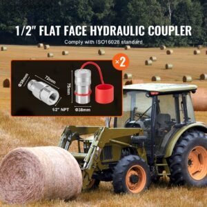 1/2" flat face hydraulic couplers, 1/2" npt skid steer hydraulic quick connect couplers with 4 dust caps (iso16028)