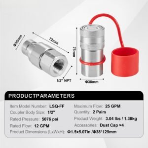 1/2" flat face hydraulic couplers, 1/2" npt skid steer hydraulic quick connect couplers with 4 dust caps (iso16028)
