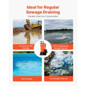 1/2 hp submersible trash pump, 2000 gph, 120v cast iron submersible sump sewage pump with 2 in discharge, 39 ft max lift, drain dirty clean water, for pools, garden, pond, basement, flooded area