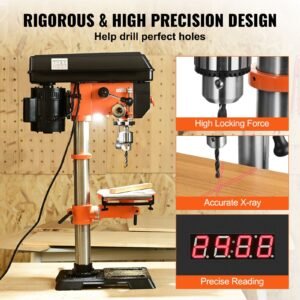 12 in benchtop drill press, 5 amp 120v, variable speed cast iron bench drill press, 12 in swing distance 0 45° tiltling worktable with laser work light, tabletop drilling machine for wood metal