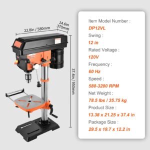 12 in benchtop drill press, 5 amp 120v, variable speed cast iron bench drill press, 12 in swing distance 0 45° tiltling worktable with laser work light, tabletop drilling machine for wood metal